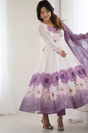 Violet soft organza silk with floral print fully flared anarkali pant with dupatta set