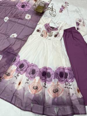 Violet soft organza silk with floral print fully flared anarkali pant with dupatta set 5