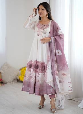 Onionpink soft organza silk with floral print fully flared anarkali pant with dupatta set 1