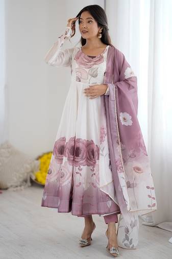 Onionpink soft organza silk with floral print fully flared anarkali pant with dupatta set