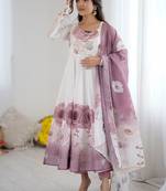 Onionpink soft organza silk with floral print fully flared anarkali pant with dupatta set