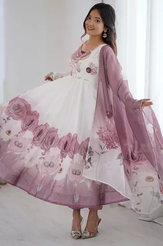Onionpink soft organza silk with floral print fully flared anarkali pant with dupatta set