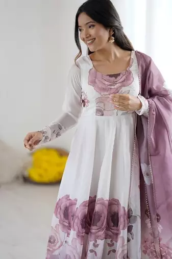 Onionpink soft organza silk with floral print fully flared anarkali pant with dupatta set