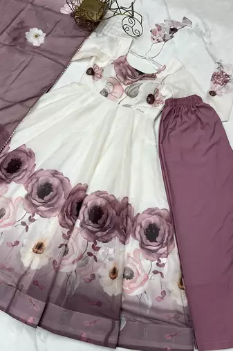 Onionpink soft organza silk with floral print fully flared anarkali pant with dupatta set