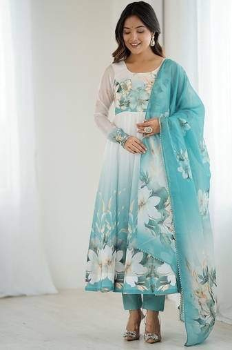 Aquablue soft organza silk with floral print fully flared anarkali pant with dupatta set