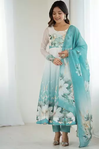 Aquablue soft organza silk with floral print fully flared anarkali pant with dupatta set