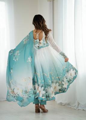 Aquablue soft organza silk with floral print fully flared anarkali pant with dupatta set 2