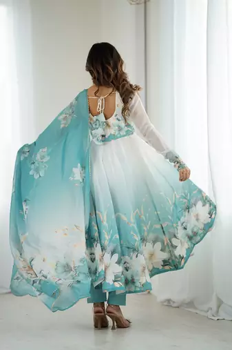 Aquablue soft organza silk with floral print fully flared anarkali pant with dupatta set