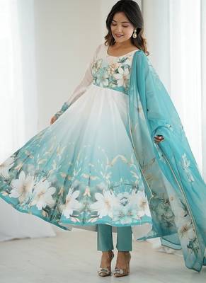 Aquablue soft organza silk with floral print fully flared anarkali pant with dupatta set 3
