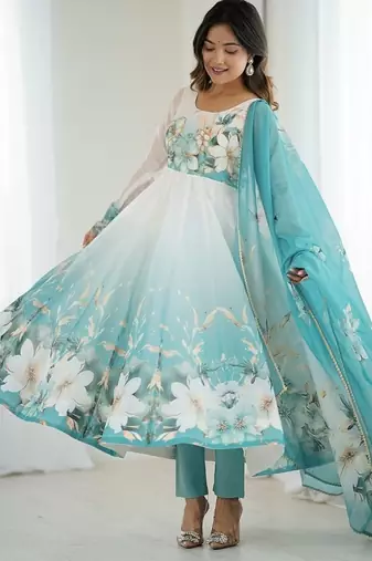 Aquablue soft organza silk with floral print fully flared anarkali pant with dupatta set