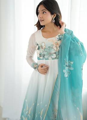 Aquablue soft organza silk with floral print fully flared anarkali pant with dupatta set 4