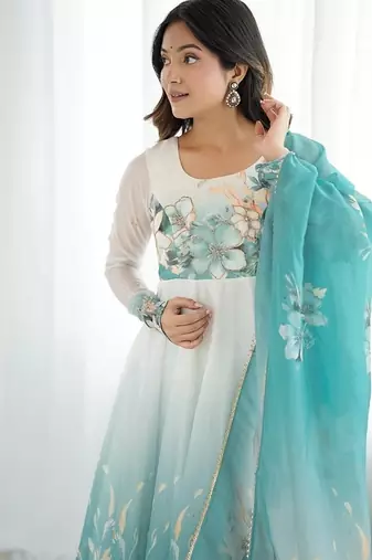 Aquablue soft organza silk with floral print fully flared anarkali pant with dupatta set