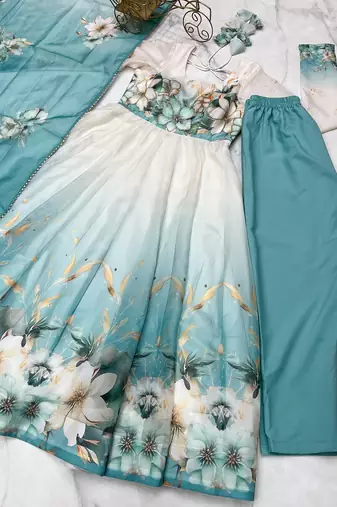 Aquablue soft organza silk with floral print fully flared anarkali pant with dupatta set