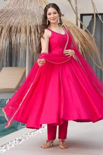 Ranipink romansilk chanderi plain fully flair anarkali suit