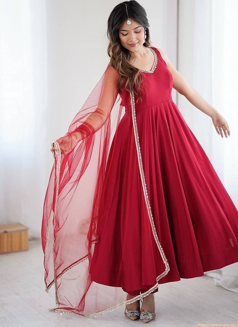 Maroon pure romansilk chanderi plain fully flair anarkali suit