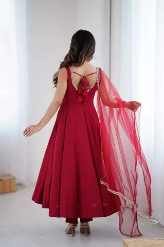 Maroon romansilk chanderi plain fully flair anarkali suit