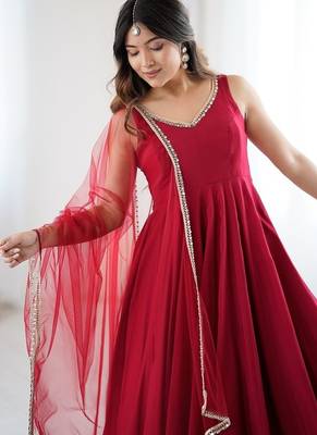 Maroon romansilk chanderi plain fully flair anarkali suit 4