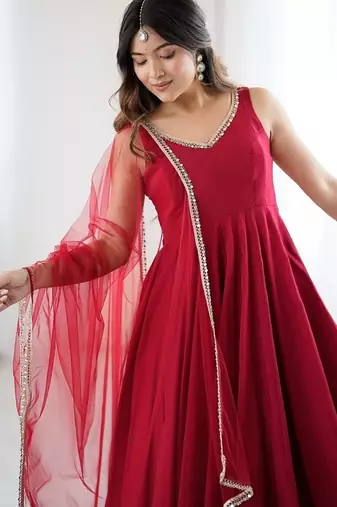 Maroon romansilk chanderi plain fully flair anarkali suit