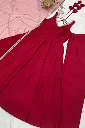 Maroon romansilk chanderi plain fully flair anarkali suit