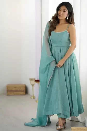 Skyblue crunchy silk plain with siroski work anarkali set