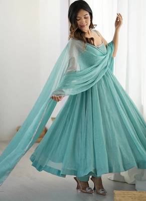 Skyblue crunchy silk plain with siroski work anarkali set 3