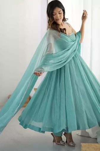 Skyblue crunchy silk plain with siroski work anarkali set