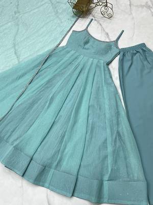 Skyblue crunchy silk plain with siroski work anarkali set 5