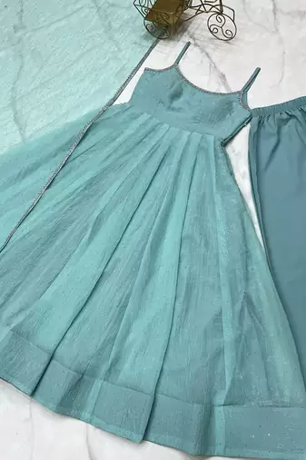 Skyblue crunchy silk plain with siroski work anarkali set