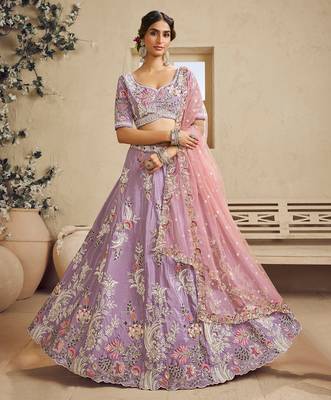 Lavender Satin Silk Sequins embroidery Semi Stitched Lehenga choli Dupatta 1