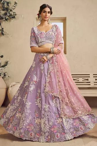 Lavender Satin Silk Sequins embroidery Semi Stitched Lehenga choli Dupatta