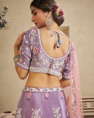 Lavender Satin Silk Sequins embroidery Semi Stitched Lehenga choli Dupatta 2