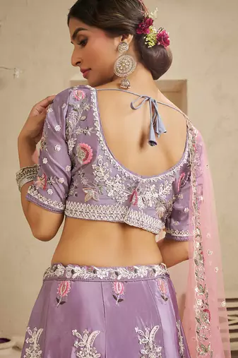 Lavender Satin Silk Sequins embroidery Semi Stitched Lehenga choli Dupatta