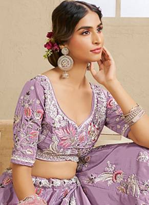 Lavender Satin Silk Sequins embroidery Semi Stitched Lehenga choli Dupatta 4