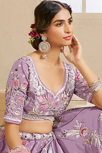 Lavender Satin Silk Sequins embroidery Semi Stitched Lehenga choli Dupatta