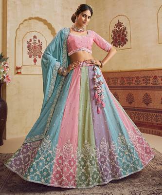 Turquoise Blue Poly Chiffon Sequins embroidery Semi Stitched Lehenga choli Dupatta 1