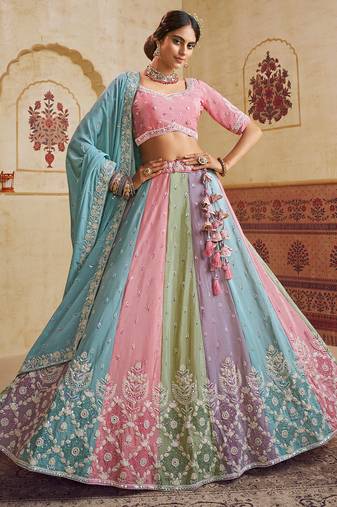 Turquoise Blue Poly Chiffon Sequins embroidery Semi Stitched Lehenga choli Dupatta