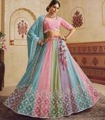 Turquoise Blue Poly Chiffon Sequins embroidery Semi Stitched Lehenga choli Dupatta