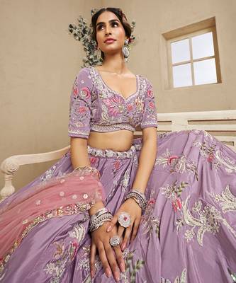 Lavender Satin Silk Sequins embroidery Semi Stitched Lehenga choli Dupatta 5