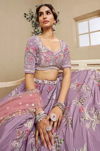 Lavender Satin Silk Sequins embroidery Semi Stitched Lehenga choli Dupatta