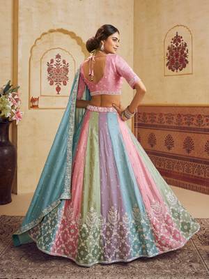 Turquoise Blue Poly Chiffon Sequins embroidery Semi Stitched Lehenga choli Dupatta 2