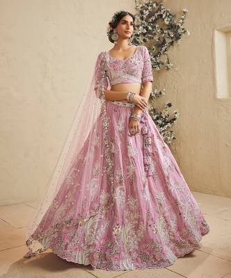 Pink Satin Silk Sequins embroidery Semi Stitched Lehenga choli Dupatta 1