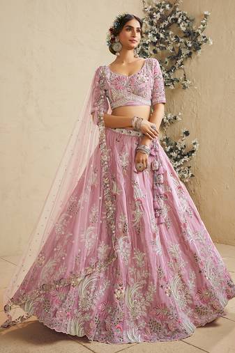 Pink Satin Silk Sequins embroidery Semi Stitched Lehenga choli Dupatta