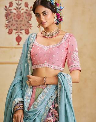 Turquoise Blue Poly Chiffon Sequins embroidery Semi Stitched Lehenga choli Dupatta 3