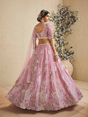 Pink Satin Silk Sequins embroidery Semi Stitched Lehenga choli Dupatta 3