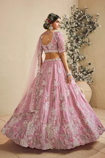 Pink Satin Silk Sequins embroidery Semi Stitched Lehenga choli Dupatta