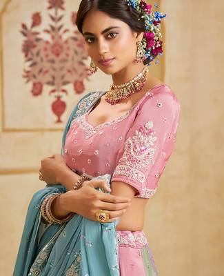 Turquoise Blue Poly Chiffon Sequins embroidery Semi Stitched Lehenga choli Dupatta 4