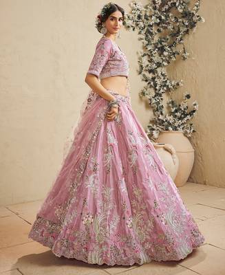 Pink Satin Silk Sequins embroidery Semi Stitched Lehenga choli Dupatta 4