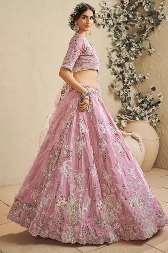 Pink Satin Silk Sequins embroidery Semi Stitched Lehenga choli Dupatta