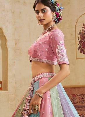 Turquoise Blue Poly Chiffon Sequins embroidery Semi Stitched Lehenga choli Dupatta 5