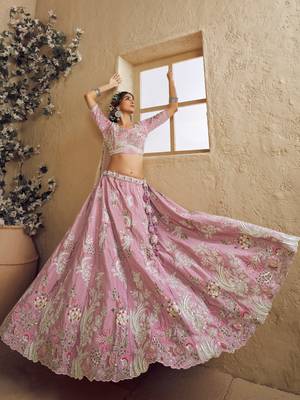 Pink Satin Silk Sequins embroidery Semi Stitched Lehenga choli Dupatta 5